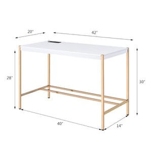 English Elm Rectangular Writing Desk with USB Port and Metal Frame, Rustic Textured Finish for Cozy Workspace_x0003_ Gold,White B016P326489