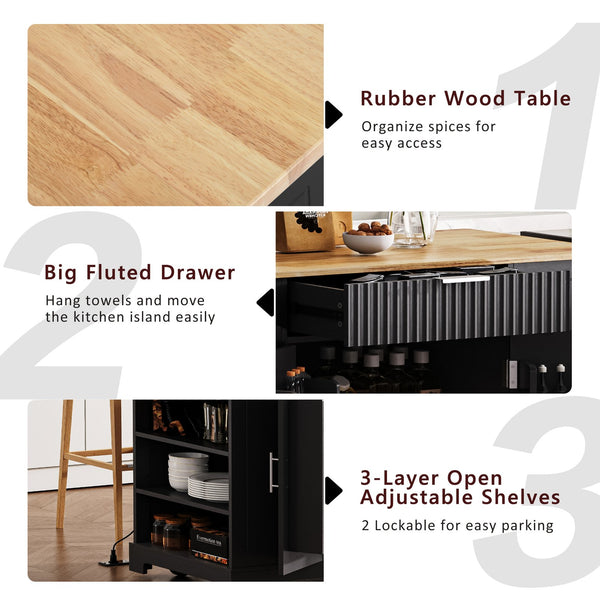 English Elm K&k Rolling Kitchen Island Rubber Wood Top Fluted Cabinet Built-in Charging Station Black N707S221571B