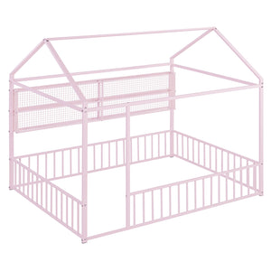English Elm Full Metal House Bed Frame Full Size with Built-In Fence and 4 Grid Shelves for Durable Storage and Style Pink N737P175361H