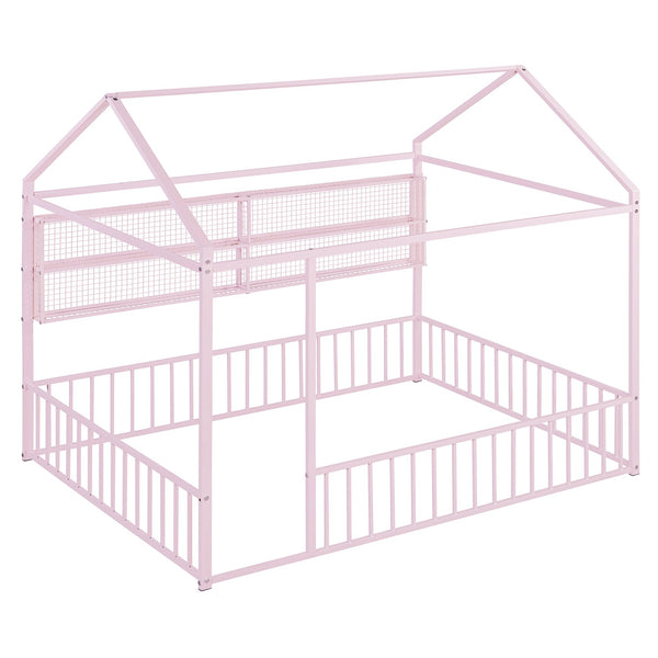 English Elm Full Metal House Bed Frame Full Size with Built-In Fence and 4 Grid Shelves for Durable Storage and Style Pink N737P175361H