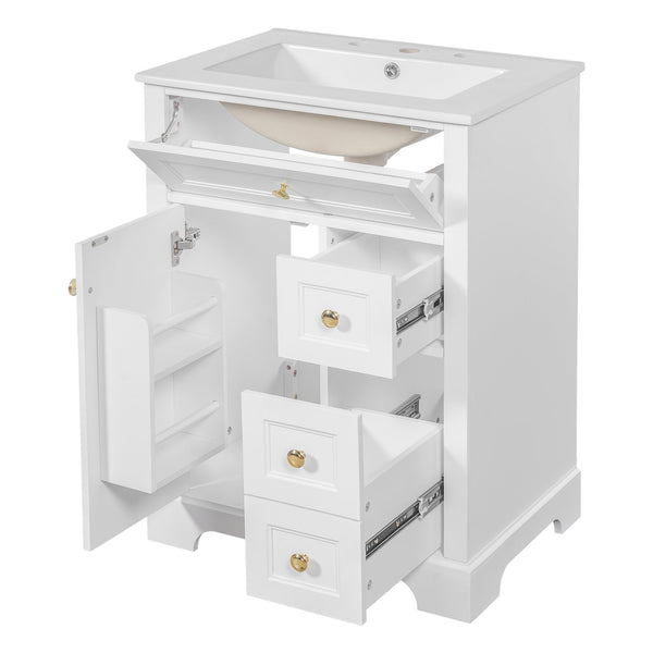English Elm "24'' 24 Inch Glossy Freestanding Bathroom Vanity with Gold Hardware and Soft Close Storage White Pinewood N725P375495K