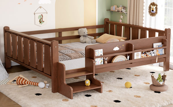 English Elm Twin Pine Floor Bed for Kids with Side Bookcases Built-in Stairs and Safety Guardrails Natural W1580P390225