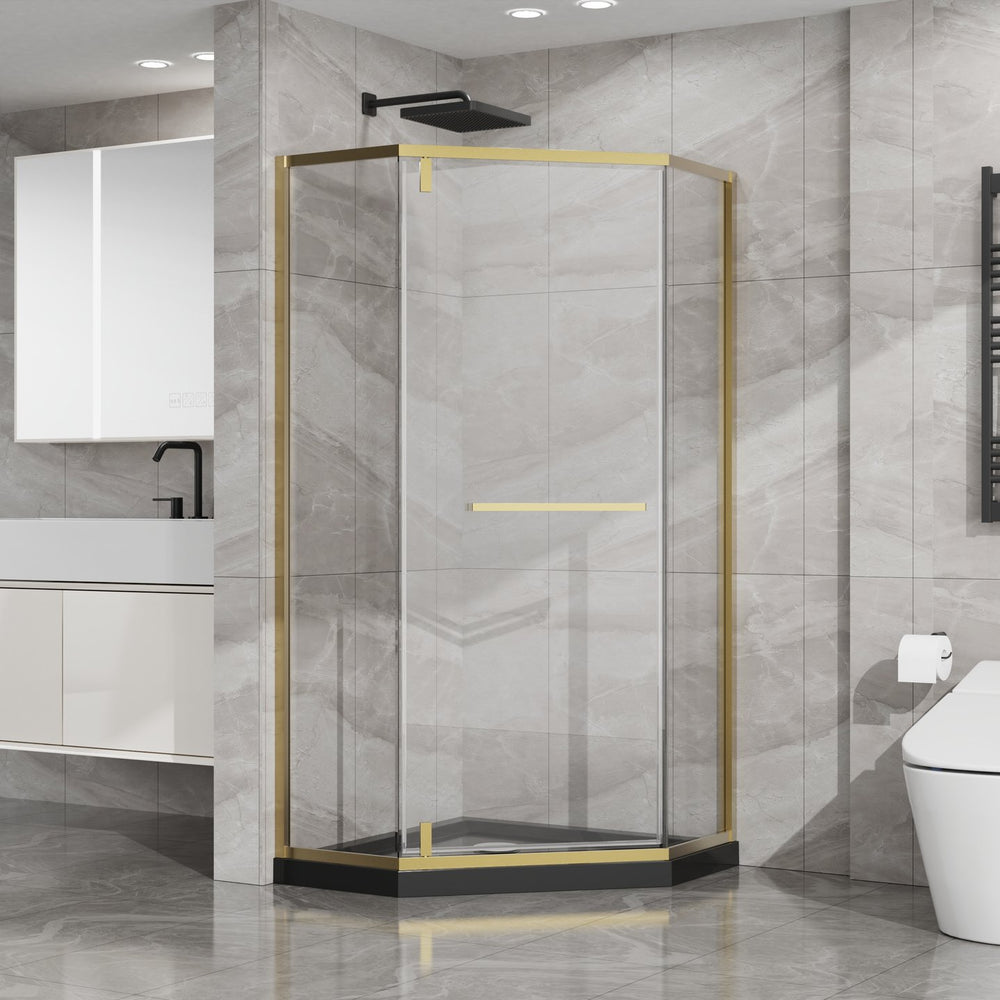 English Elm Goodyo Neo-angle Corner Shower Enclosure Gold Frame Tempered Glass with Black Base W1223S00043