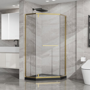 English Elm Goodyo Neo-angle Corner Shower Enclosure Gold Frame Tempered Glass with Black Base W1223S00043