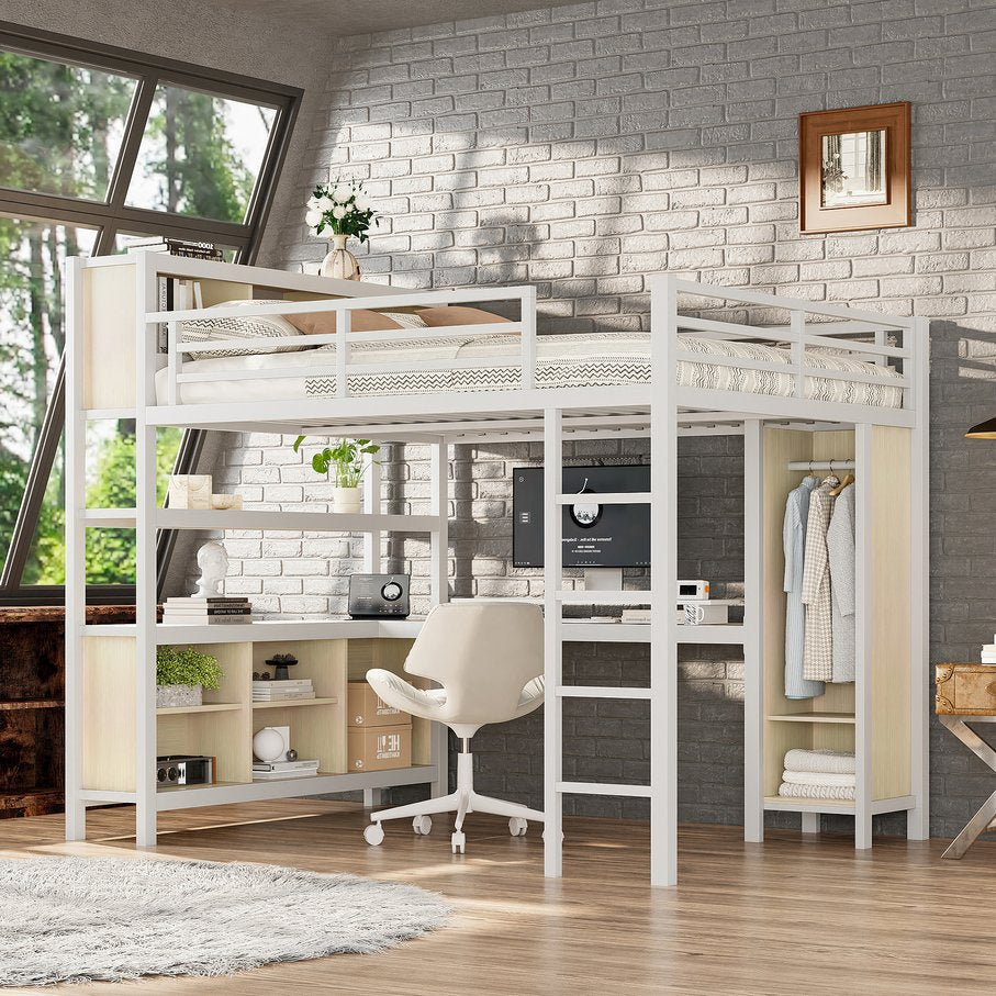 English Elm Metal Queen Loft Bed With L-Shaped Desk, Wardrobe & Storage Cubes - Perfect For Small Spaces! W1580S00183