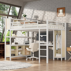 English Elm Metal Queen Loft Bed With L-Shaped Desk, Wardrobe & Storage Cubes - Perfect For Small Spaces! W1580S00183