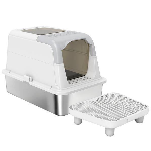 English Elm Pet Feeder Storage Cabinet with Raised Bowls Tempered Glass Door and White Mdf Build T3971P402196