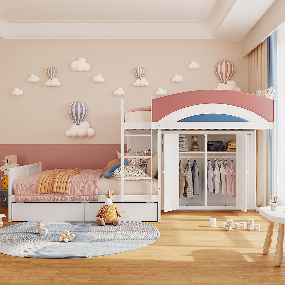 English Elm Full Size Offset Bunk Bed with Wardrobe Hanging Rod Drawers and Upholstered Rail White N820S00081K