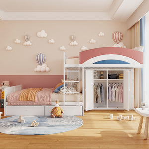 English Elm Full Size Offset Bunk Bed with Wardrobe Hanging Rod Drawers and Upholstered Rail White N820S00081K
