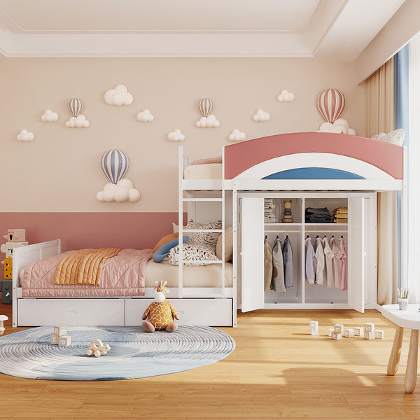 English Elm Full Size Offset Bunk Bed with Wardrobe Hanging Rod Drawers and Upholstered Rail White N820S00081K