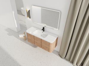 English Elm 48" Floating Bathroom Vanity Dual Ceramic Vessel Sinks Oak Finish Soft Close Doors W999S00507