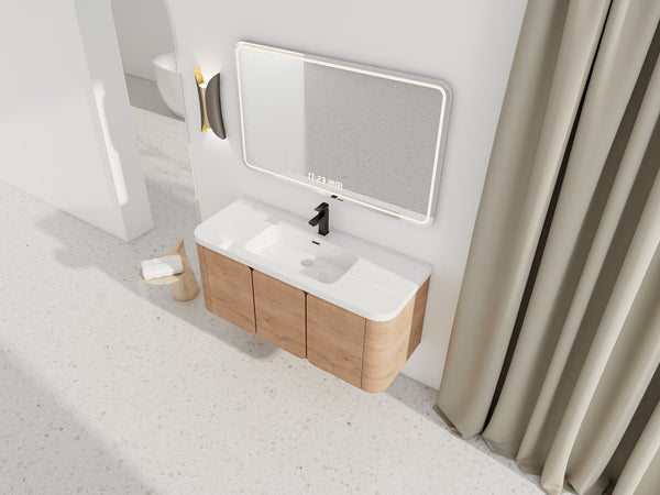 English Elm 48" Floating Bathroom Vanity Dual Ceramic Vessel Sinks Oak Finish Soft Close Doors W999S00507