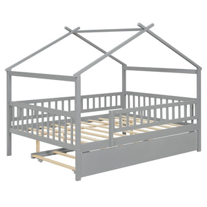 English Elm Full Size Pine House Bed with Roofline Frame and Roll Out Twin Trundle for Kids Gray LP100306AAE
