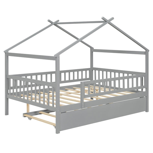 English Elm Full Size Pine House Bed with Roofline Frame and Roll Out Twin Trundle for Kids Gray LP100306AAE