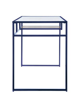 English Elm Yasin Modern Glass Top Writing Desk in Blue Finish with Metal Sled Base and Open Storage Shelf B2726P256257