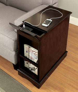 English Elm Transitional Side Table with Built-In USB & Power Dock, Pull-Out Cup Holder and Spacious Cabinet Storage Cherry 15 L x 27 W x 26 H B2741P341685