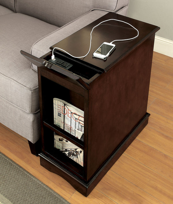 English Elm Transitional Side Table with Built-In USB & Power Dock, Pull-Out Cup Holder and Spacious Cabinet Storage Cherry 15 L x 27 W x 26 H B2741P341685