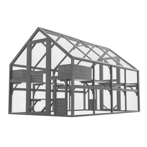 English Elm Cat, Cat Outdoor Wooden Enclosure with Seven Platforms Resting Boxes and Waterproof Canopy W1598S00040