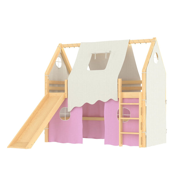 English Elm Twin Pine Loft Bed with House Frame Tent Led Lights Slide and Floor Space Below W1580S00289