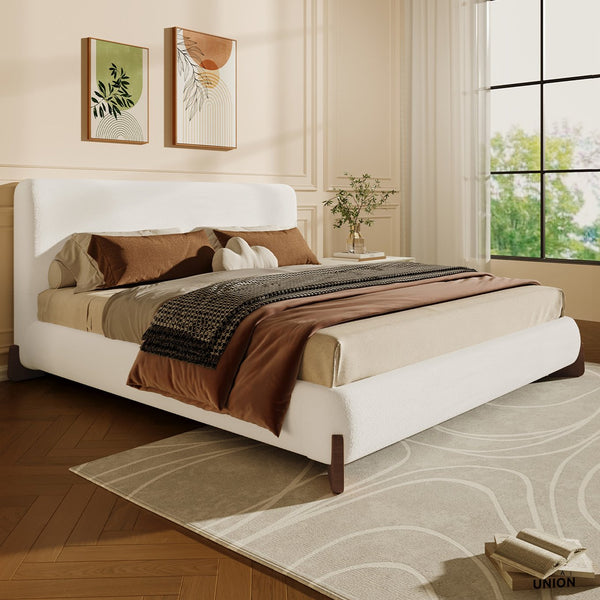 English Elm Elegant Boucle Platform Bed with Wood Legs Textured Upholstery King Bedroom N769K333730B