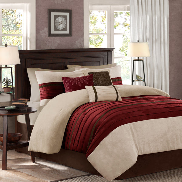 English Elm 7 Madison Park Palmer 7-Piece Faux Suede Comforter Set Cal King Pieced Microsuede Gray Accents, Plush Red 18.7 L x 13.58 W x 10.83 H B03596839