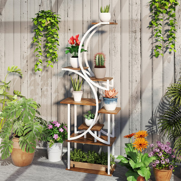 English Elm Outsunny 8 Tier S Shaped Fir Wood Plant Stand Carbonized Steel Frame Corner Shelf W2225P485567