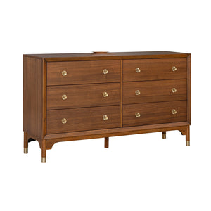 English Elm 1pc Walnut Six Drawer Dresser Gold Capped Legs Mid Century Modern Bedroom Storage B2741P446678