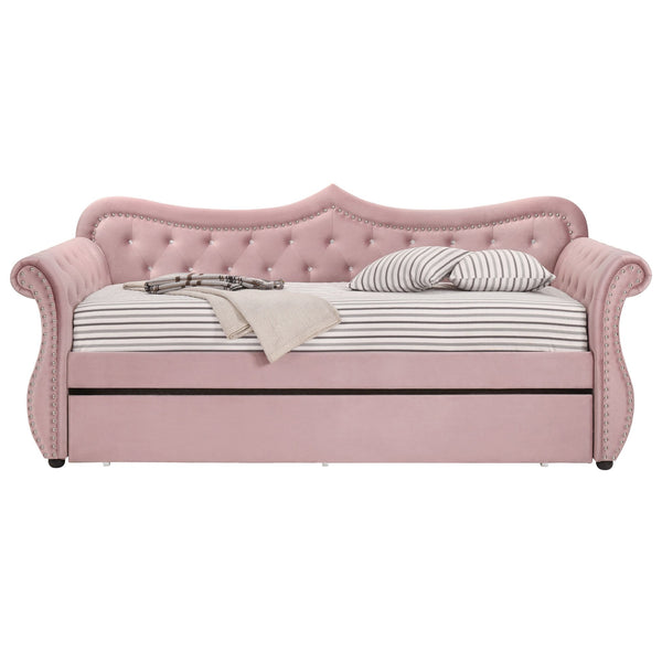 English Elm Pink Upholstered Twin Daybed with Trundle, 28-Slat Durable Frame, Velvet Finish, Ideal for 8" Mattress B062S00452