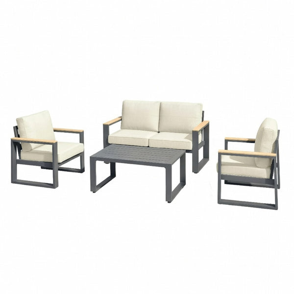 English Elm All-weather Aluminum Patio Conversation Set with Deep Cushions and Tempered Glass Table Beige+Grey B082S00117