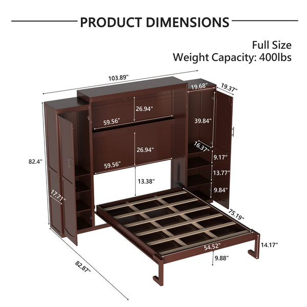 English Elm Full Full Size Murphy Bed with Two Wardrobes and Foldable Platform, Space-Saving Modern Guest Solution Walnut 84.9 L x 12 W x 7 H N733S235596D