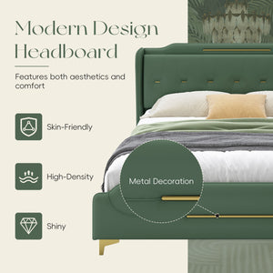 English Elm Christopher Knight Home® - King PU Leather Bed Frame with Wingback Headboard & Footboard, Gold Accents, Platform Slat Support, Elegant Design Green 77.5 L x 21 W x 5.25 H N761S0000012G