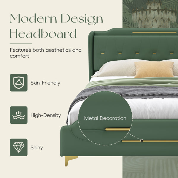 English Elm Christopher Knight Home® - Queen PU Leather Bed with Wingback Headboard & Footboard, Gold Accent Platform, 12 Slats, Sturdy Support Green 64 L x 21 W x 9.25 H N761P205938G