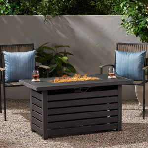 English Elm Rectangular Iron Propane Fire Table with Hidden Tank Storage and 30000 Btu Output 66597.00BLK-30K