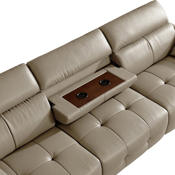 English Elm Genuine Top-grain Leather Three-seat Sofa with Reclining Backrests and Center Storage Beige White W1765S00132