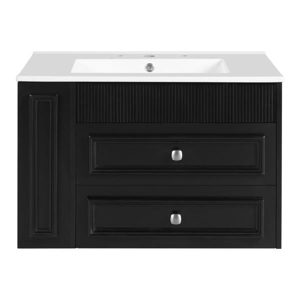 English Elm 30'' Wall Mounted Bathroom Vanity with Ceramic Sink, Floating MDF Cabinet, Soft-Close Drawers & Ample Storage Black N710P334915B
