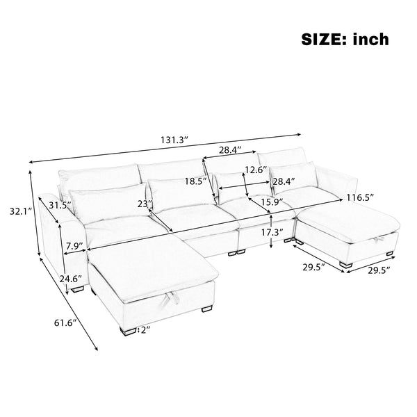English Elm U_style Modular U-shaped Sectional Sofa Six Seat Linen Fabric with Storage Ottomans Beige WY000491AAA