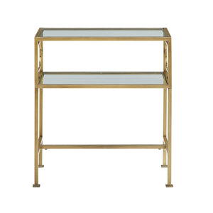 English Elm Grifton Two-Tier Rectangular Accent Table in Antique Gold Metal with Tempered Glass Shelves, 26.5" L B050P364437