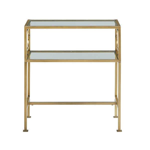 English Elm Grifton Two-Tier Rectangular Accent Table in Antique Gold Metal with Tempered Glass Shelves, 26.5" L B050P364437