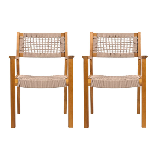 English Elm Braided Rope and Acacia Wood Dining Chair Set Coastal Farmhouse Woven Seating Pair N779P202840T