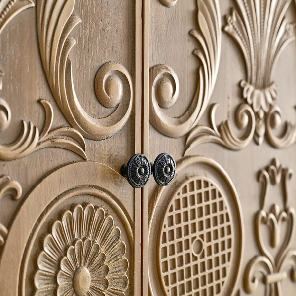 English Elm 31.50" Floral Carved Wood Accent Cabinet with Arched Doors Drawer and Shelf W3933P379106