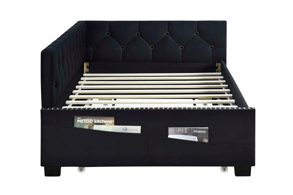 English Elm BLACK Velvet Upholstered Twin Daybed Corner with Removable Trundle, Studded Detail, Pockets & Wheels W1867S00006