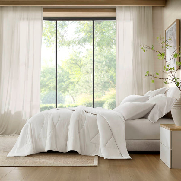 English Elm 1-piece Reversible Tencel Fill Comforter with Sculptural Weave for Full Queen Beds White B035P408273