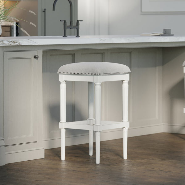 English Elm 31"h Distressed Walnut Bar Stool Carved Wood Frame with Upholstered Faux Leather Seat B2751P436459