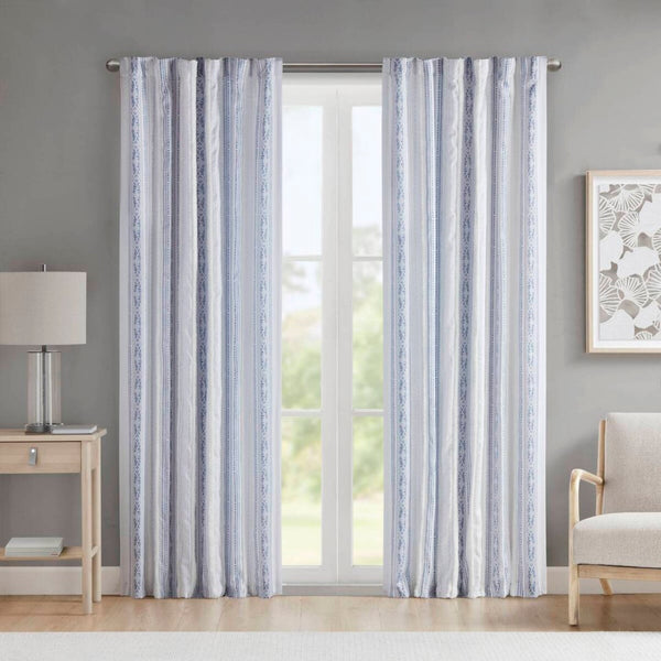 English Elm Poly Printed Curtain Panel With Tufted Stripe & Lining – Elegant White/Navy 50X84" For Any Room B035P268157-GIGA