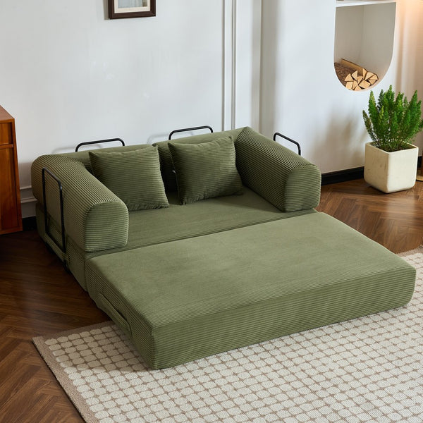 English Elm 59'' Corduroy Convertible Floor Sofa Sleeper with Bolster Pillow for Small Spaces Green W3434P406617