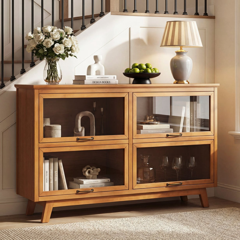 English Elm Modern Four Door Glass Front Display Cabinet Solid Wood Mid-century Living Room N758P412506N