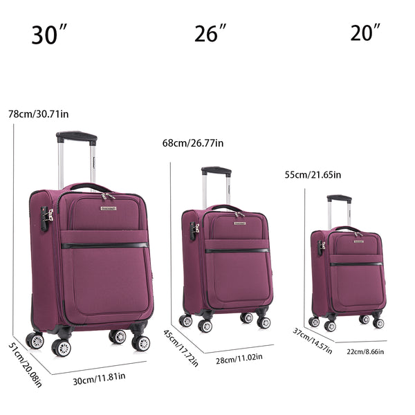 English Elm 3-piece Soft Shell Luggage Set with Swivel Wheels Telescopic Handle and Password Lock Purple T3292P343317