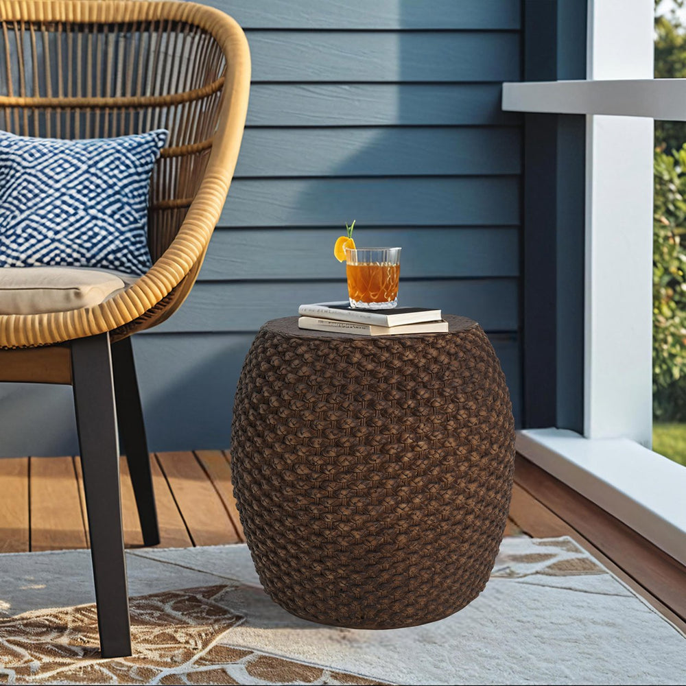 English Elm Faux Rattan Mgo Side Table Handcrafted Woven Texture for Patio or Living Room N772P287819B