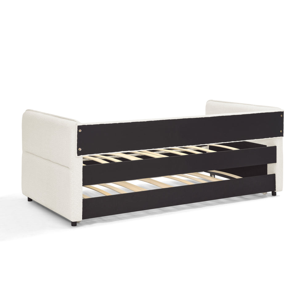 English Elm Daybed With Trundle - Elegant Tufted Sofa Bed In Soft Beige Boucle For Stylish Small Spaces & Guests W1413S00092