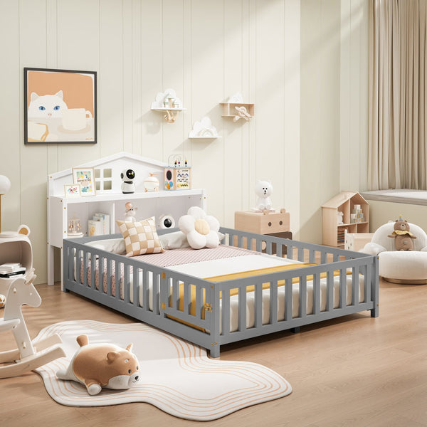 English Elm Headboard Storage Cabinet for Full-Size Montessori Floor Bed with Built-In Shelves and Easy Mounting White 56.3 L x 17.32 W x 5.31 H W1716P181577